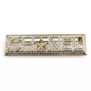 Auth CHANEL Logo Star Brooch Gold/Silver Metal/Rhinestone